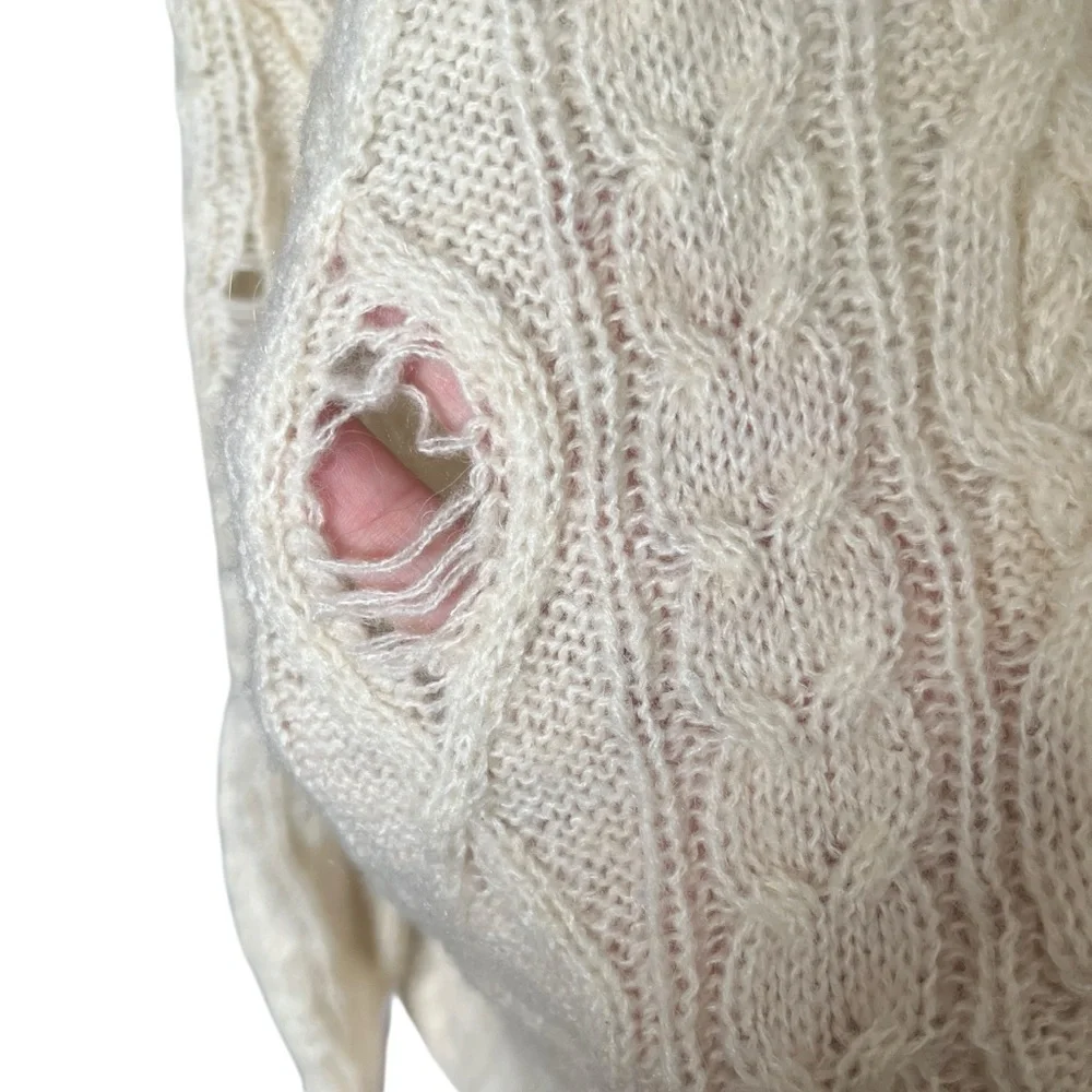 Free People Cream Cable Knit Turtleneck Sweater Distressed Oversized Size Small